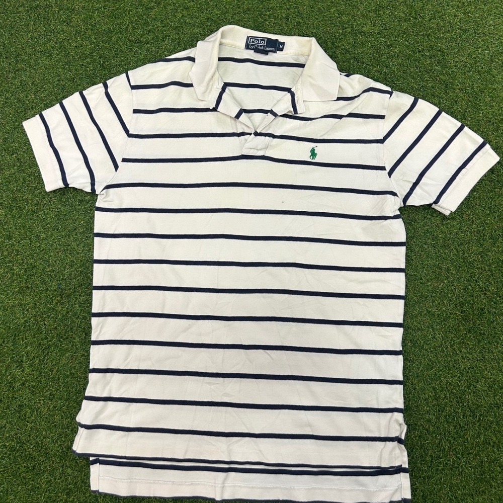 Polo Ralph Lauren Mens Striped Polo Shirt Cream Navy Blue Green Pony Size M